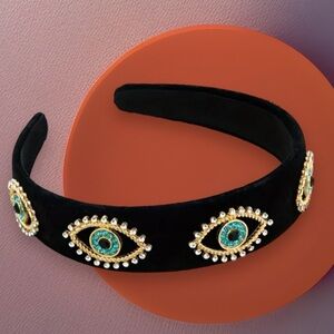 Evil Eye Black Velvet Headband With Rhinestones